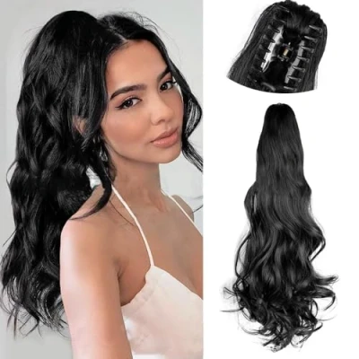Abbildung von RPAEOY Klauen Clip Pferdeschwanz Verlängerung 22 Zoll Lange Lockige Wellige in Natürliche Synthetische Haarverlängerungen Haarteile Ponytail Extension für Damen Frauen (Schwarz)