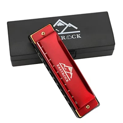 Abbildung von EastRock Harmonika, 10 Löcher, 20 Melodien, Blues Mundharmonika, Tonart C, Mundharmonika für Anfänger, Erwachsene, Kinder, als Geschenk, inkl. Etui und Reinigungstuch, Rot