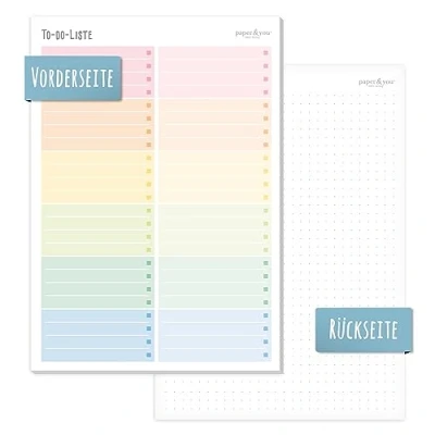 Abbildung von paper&amp;you® A5 To do Listen Block &quot;Rainbow&quot; 50 Blatt inkl. Notizblock auf der Rückseite nachhaltig &amp; klimafreundlich