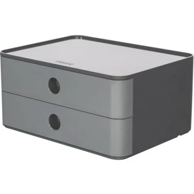 Abbildung von HAN Schubladenbox Allison SMART BOX mit 2 Schubladen und Trennwand, Kabelführung, stapelbar, Utensilienbox für Büro, Schreibtisch Küche, möbelschonende Gummifüße, 1120 19, hochglänzend granity grey