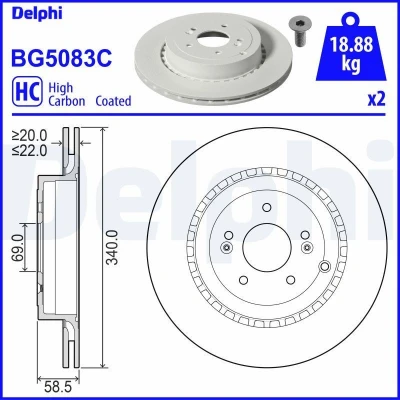 Abbildung von DELPHI Bremsscheibe KIA: Stinger Schrägheck, Kasten / Schrägheck 22mm 5 Belüftet beschichtet hochgekohlt BG5083C 58411J5500 Bremsscheiben