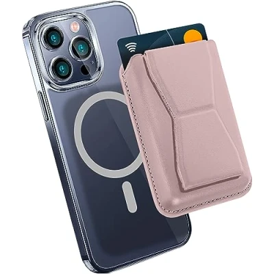 Abbildung von MyGadget Magnetische Magsafe Wallet Kunstleder mit Kartenfach und Kickstand aus kompatibel Apple iPhone 16 15 14 13 Series Rosa