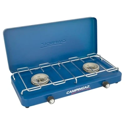 Abbildung von Campingaz Base Camp Lid Campingkocher kompakt mit Deckel Verschiedene Kochmöglichkeiten 2 Platten, Gaskocher Flammen, Leistung x 1.600 W für Camping oder Festivals, Blau