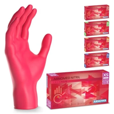 Abbildung von 500 Stück ARNOMED Einweghandschuhe Rot, Einmalhandschuhe XS, Nitril Handschuhe Einweg, Nitrilhandschuhe puderfrei, Gummihandschuhe Schutzhandschuhe, in S, M, L, XL