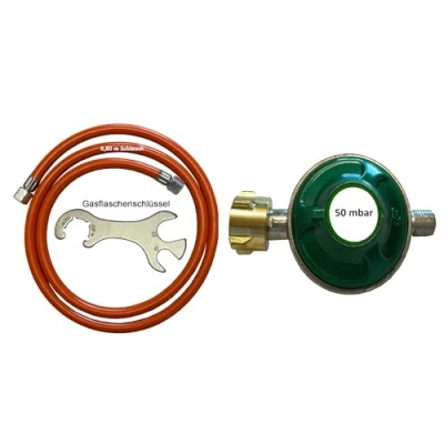 Abbildung von D/H Gasschlauch 80 150 200 cm Regler + Manometer 50 mbar (Gasschlauch Regler), Orange / Grün Silber