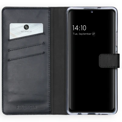 Abbildung von Samsung Galaxy A42 Hülle Echtleder Selencia Klapphülle Handyhülle Schwarz