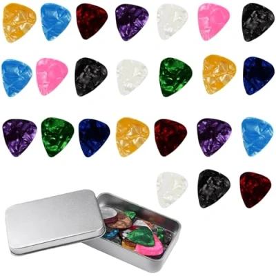 Abbildung von Gitarrenplektren für Gitarre, Bass, Zelluloid Stil, Herz Plektren, 4 verschiedene Dicken, bunte, rutschfeste Plektren elektrische, akustische oder Bassgitarren (0,5 mm, 0,75 1,0 1,2 mm),