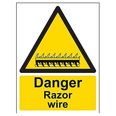 Abbildung von vsafety 63007 an s &quot;Gefahr Razor Draht&quot; Achtung Allgemeine Schild, selbstklebend, Hochformat, 150 mm x 200 mm, schwarz/gelb