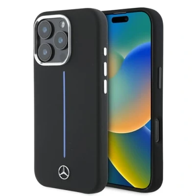 Abbildung von CG Mobile Mercedes Benz HC Handyhülle, entworfen für iPhone 16 Pro, langlebig, stoßfest, kompatibel mit Magsafe, Silikon blauen Streifen, Schwarz