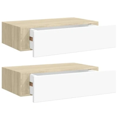 Abbildung von vidaXL 2X Wand Schubladenregal Wandschublade Schweberegal Hängeregal Wandschrank Wandboard Wandregal mit Schublade Eichenoptik Weiß 40x23,5x10cm MDF