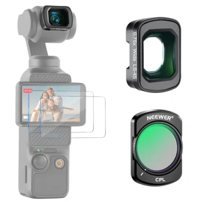 Abbildung von NEEWER Filter Zubehör kompatibel mit DJI Osmo Pocket 3 und Creator Combo, magnetischer CPL Polfilter, 0,75X Weitwinkelobjektiv 108 FOV, Zwei Displayschutzfolien, Fotografie Set, FL B29