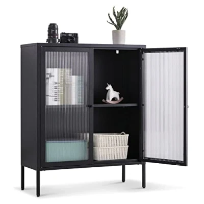Abbildung von Coemo Highboard Tokio, Schwarz Metall, Vitrine Wohnzimmer 2 Glastüren modernes Sideboard