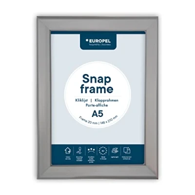 Abbildung von OPUS 2 Klapprahmen A5 mit 20 mm Aluminium Profil aufklappbarer Plakatrahmen Gehrungsecke Schnapprahmen für u.a. Poster, Zertifikate, Fotos &amp; Werbemittel Silber, 355011