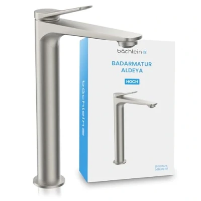 Abbildung von Bächlein Badarmatur Aldeya hoch in modernem Design, extra hoher Einhebelmischer für Aufsatzwaschbecken mit Montage Set, Bad Wasserhahn Edelstahl Gebürstet