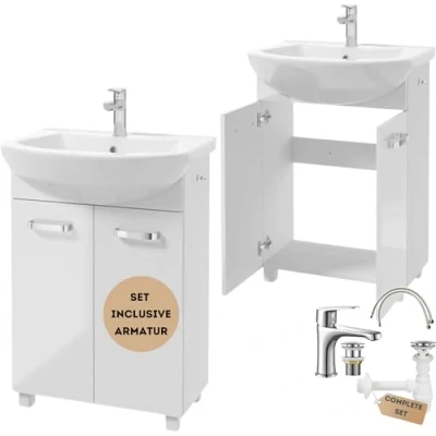 Abbildung von Deftrans Waschbecken mit unterschrank stehend Badmöbel Set 85x60x40 cm, weißer Hochglanz, Waschbeckenunterschrank und Armatur klick Stecker, Badezimmer waschbeckenschrank