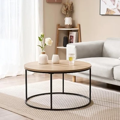 Abbildung von en.casa Couchtisch, »Kuhmoinen« Wohnzimmertisch aus Metall und MDF Ø80cm Schwarz/Holzoptik