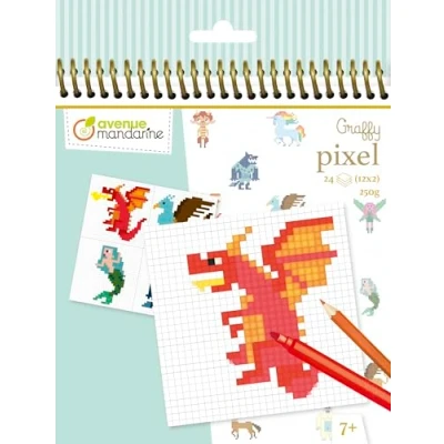 Abbildung von Avenue Mandarine GY098C Graffy Pixel, Spiralblock zum Ausmalen, 250g Zeichenpapier mit je 12 Motiven x 2, ideal für Kinder ab 5 Jahren, 1 Stück, Fantastische Tiere