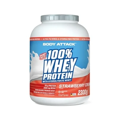 Abbildung von Body Attack 100% Whey Protein Strawberry, 2,3 kg Made in Germany extra cremiges Eiweißpulver mit Hydrolysat und BCAA&#039;s, unterstützt Muskelaufbau Diäten, für alle Sportler &amp; Athleten