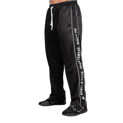 Abbildung von Gorilla Wear Functional Mesh Pants schwarz/rot Bodybuilding und Fitness Hose für Herren mit Logo Aufdruck zum Sport Alltag Freizeit Joggen Laufen bequem leicht, S M