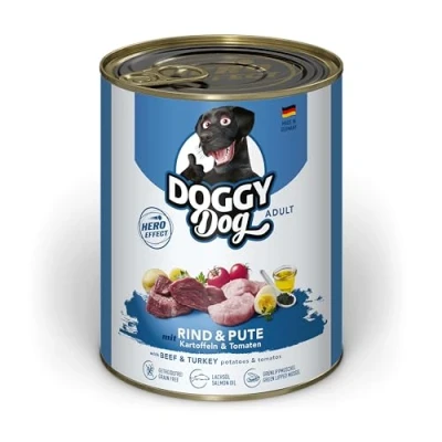 Abbildung von DOGGY Dog Paté Rind &amp; Pute, 6 x 800 g, Nassfutter für Hunde, getreidefreies Hundefutter mit Lachsöl und Grünlippmuschel, Alleinfuttermittel Kartoffeln Tomate, Made in Germany