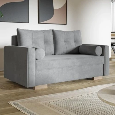 Abbildung von MOTIVENA Viena 2 Sitzer Sofa mit Schlaffunktion, Schlafsofa 160 cm Breit, Sitzer, 2er Sofa, Klein, Keine Couch, Taschenfederkern (H3), Samt Grau (Hellgrau)