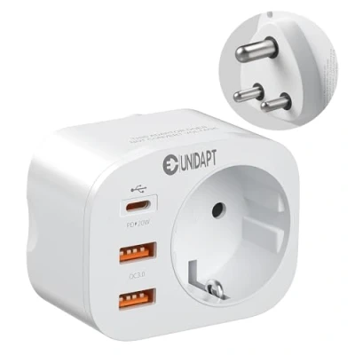 Abbildung von Unidapt 4 in 1 Reiseadapter für Indien mit 3 USB, Adapter Steckdose, Indien, Reisestecker Typ D, Sri Lanka, Nepal, Stromadapter