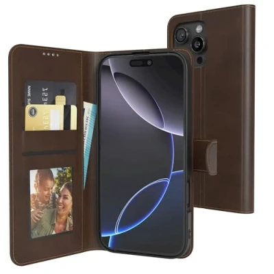 Abbildung von EAZY Case Klapphülle für iPhone 16 Pro Max Hülle klappbar mit Kameraschutz Schutzhülle Magnet Flip Ständer Kunstleder Klapptasche Kartenfach Sichtfenster Foto Premium Handyhülle Braun