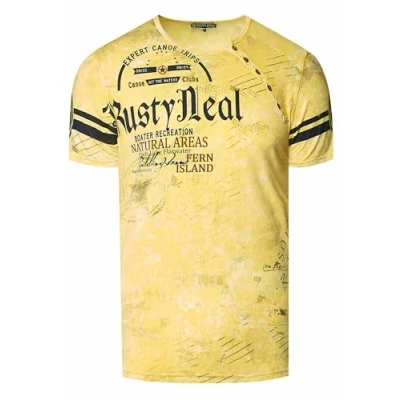 Abbildung von T Shirt Herren Front Logo Print Verwaschen in Sommer Farben Knopfleiste Rundhals Petrol 245, Farbe:Gelb, Größe S 3XL:3XL