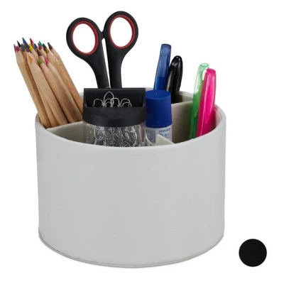 Abbildung von Relaxdays Stiftehalter, rund, 3 Fächer, Stiftebox für Zuhause und Büro, Lederoptik, Organizer HxD: 11,5 x 16 cm, creme, 1 Stück
