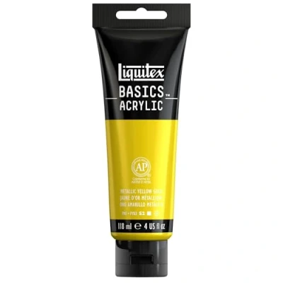 Abbildung von Liquitex 1046343 Basics Acrylfarbe 118ml Metallic Gelbgold Künstler Acrylfarbe, hochpigmentiert, lichtecht, mittlere Viskosität, seidenglänzend, deckend Ideal für Leinwand, Holz &amp; Papier