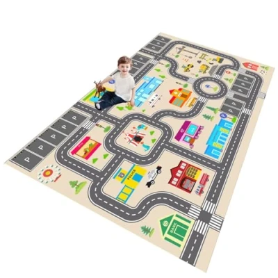 Abbildung von ZFHNYJWKL Kinder spielteppich Auto Jungen &amp; Mädchen Teppich Straßenteppich Bauteppich Stadtstadt Lernbereich Pädagogischer Antirutsch für Kinderzimmer Grau Blau Grün(C,80X120CM)