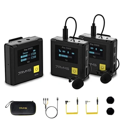 Abbildung von 7RYMS iRAY DW20 Lavalier Wireless Mikrofon, 9H Akkulaufzeit, 100m Reichweite, Digitaler/Analogausgang, Ansteckmikrofon Kabellos für Kamera/Handy/iPhone/PC/Vlog/Podcast/YouTube/TikTok Live Steaming