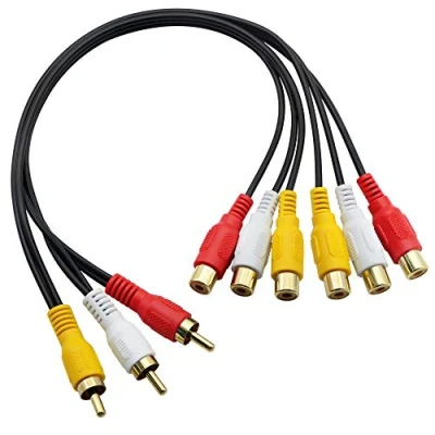 Abbildung von Audio Video Splitterkabel mit 3 Cinch Stecker auf 6 Buchsen, Composite Verlängerungs AV Adapter für TV, DVD, Set Top Box usw., m.