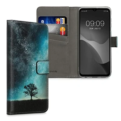 Abbildung von kwmobile Wallet Case kompatibel mit Samsung Galaxy M23 5G Hülle Cover Ständer und Kartenfächern Galaxie Baum Wiese Blau Grau Schwarz