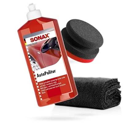 Abbildung von detailmate SONAX Handpolier Set Autopolitur für Bunt und Metalliclacke 500ml + Handpolierschwamm Puck im Verbundaufbau hart Ø90/50mm Edgeless Superflausch Mikrofaser Poliertuch