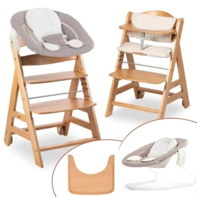 Abbildung von hauck Hochstuhl Beta+ Newborn Set Babyhochstuhl ab Geburt mit 2in1 Neugeborenen Aufsatz Bouncer, Sitzpolster und Essbrett Natural