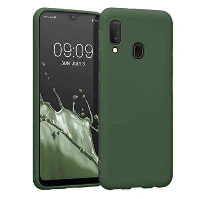 Abbildung von kwmobile Hülle kompatibel mit Samsung Galaxy A20e weiches TPU Silikon Case Cover geeignet für kabelloses Laden Dunkelgrün matt