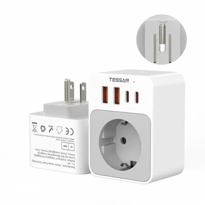 Abbildung von TESSAN USA Adapter Steckdose, Faltbar 5 in 1 Reiseadapter mit 2 USB C und A, Kleines klappbares Design, 1875W Deutschland Stecker, 20W Schnellladung, Reisestecker Typ B für Kanada