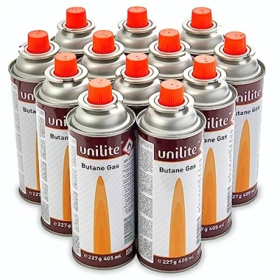 Abbildung von Unilite 12 x Gaskartuschen Butangas Kartuschen 227 mit MSF 1A Bajonett Ventil Die Butan sind ideal beim Camping für Campingkocher, Gas Lampe &amp; Co. oder Unkrautbrenner