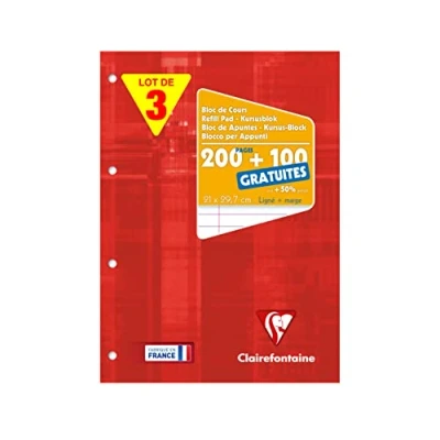 Abbildung von Clairefontaine 65818AMZC Set mit 3 Kursusblöcken, 150 Blatt, 90g, liniert Rand, 4 fach gelocht, 1 Set, Rot
