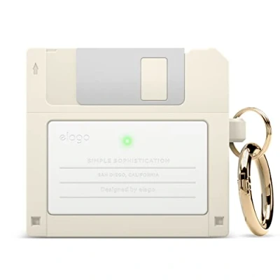 Abbildung von elago Floppy Disk Hülle Kompatibel mit AirPods 3. Generation 3 Hülle, Karabiner Enthalten, Stoßfest, Vollständiger Schutz, Unterstützt Drahtloses Aufladen (Klassisches Weiß)