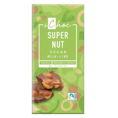 Abbildung von iChoc Supernuss Bio Schokoriegel vegan 80g mit Haselnüssen