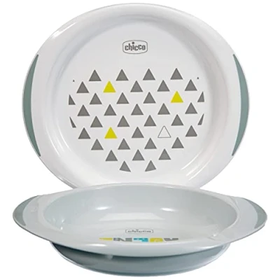 Abbildung von Chicco Baby Teller Set, Entwöhnungsgeschirr mit 1 Suppenteller und Teller, rutschfester Boden, seitliche Griffe, ergonomischer Griff, Löffelablage, 2 teiliges Babygeschirrset 12+ Monate