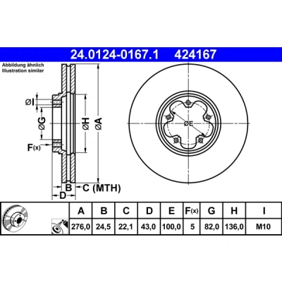 Abbildung von ATE 24.0124 0167.1 Bremsscheibe 276,0 24,5 5 100,0 Belüftet beschichtet FORD: Transit Mk5 Bus, Kastenwagen