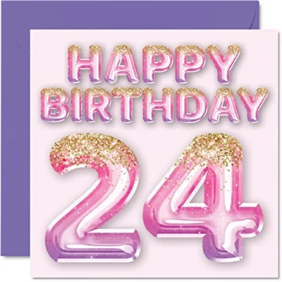 Abbildung von Geburtstagskarte zum 24. Geburtstag für Frauen rosa und lila Glitzerballons Happy Karten 24 Jahre alte Frau Tochter Schwester Tante Cousin 145 mm x Vierundzwanzig Grußkarten Geschenk