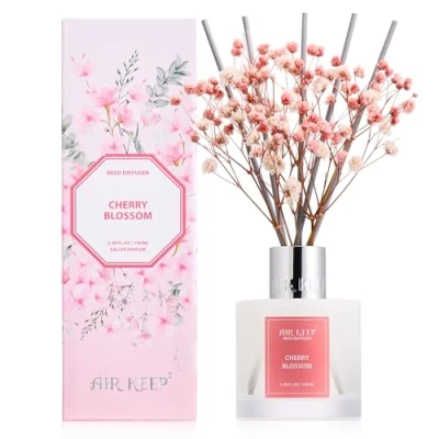 Abbildung von Airkeep Raumduft Cherry Blossom Duft, Reed Diffuser mit 8 Duftstäbchen, Lufterfrischer für Badezimmer, Wohnung, Heimdekoration, 100ml