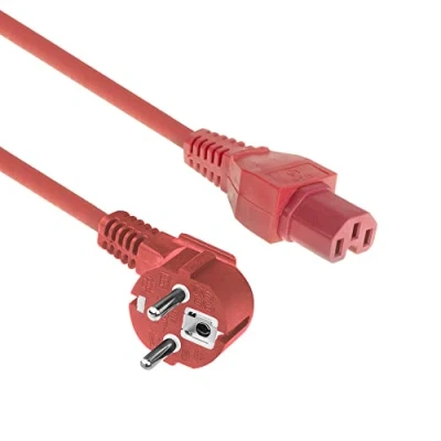 Abbildung von ACT Warmgerätekabel CEE7/7 nach C15, 2m Netzkabel CEE 7/7 (gewinkelt Schutzkontakt) Stromkabel auf C15 Warmgerätebuchse, Rot AK5315