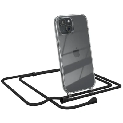 Abbildung von EAZY CASE Handykette kompatibel mit iPhone 15 Handyhülle Umhängeband, Handykordel Schutzhülle, Silikonhülle, Hülle Band, Stylische Kette für Smartphone, Schwarz Clips