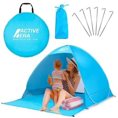 Abbildung von Active Era Pop Up Strandmuschel mit UV Schutz, UPF 50+ Strandzelt, Windschutz Strand, Zelt für 2 3 Personen inkl. Tragetasche und Heringe Blau