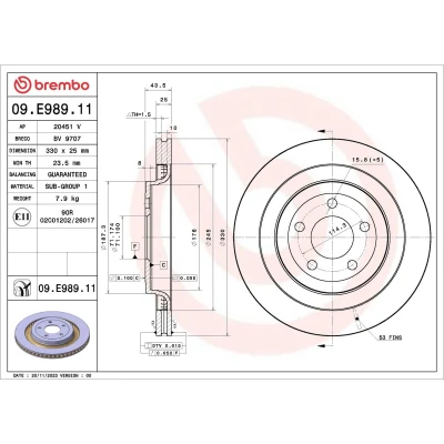 Abbildung von BREMBO Bremsscheibe FORD USA: Mustang Mk6 Coupe, Cabrio 330mm 25mm 5 innenbelüftet beschichtet 09.E989.11 Bremsscheiben, Scheibenbremsen